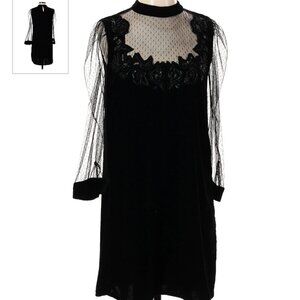 Zara - black, velvety minidress. Small. Tulle sleeves/neck & embroidered detail